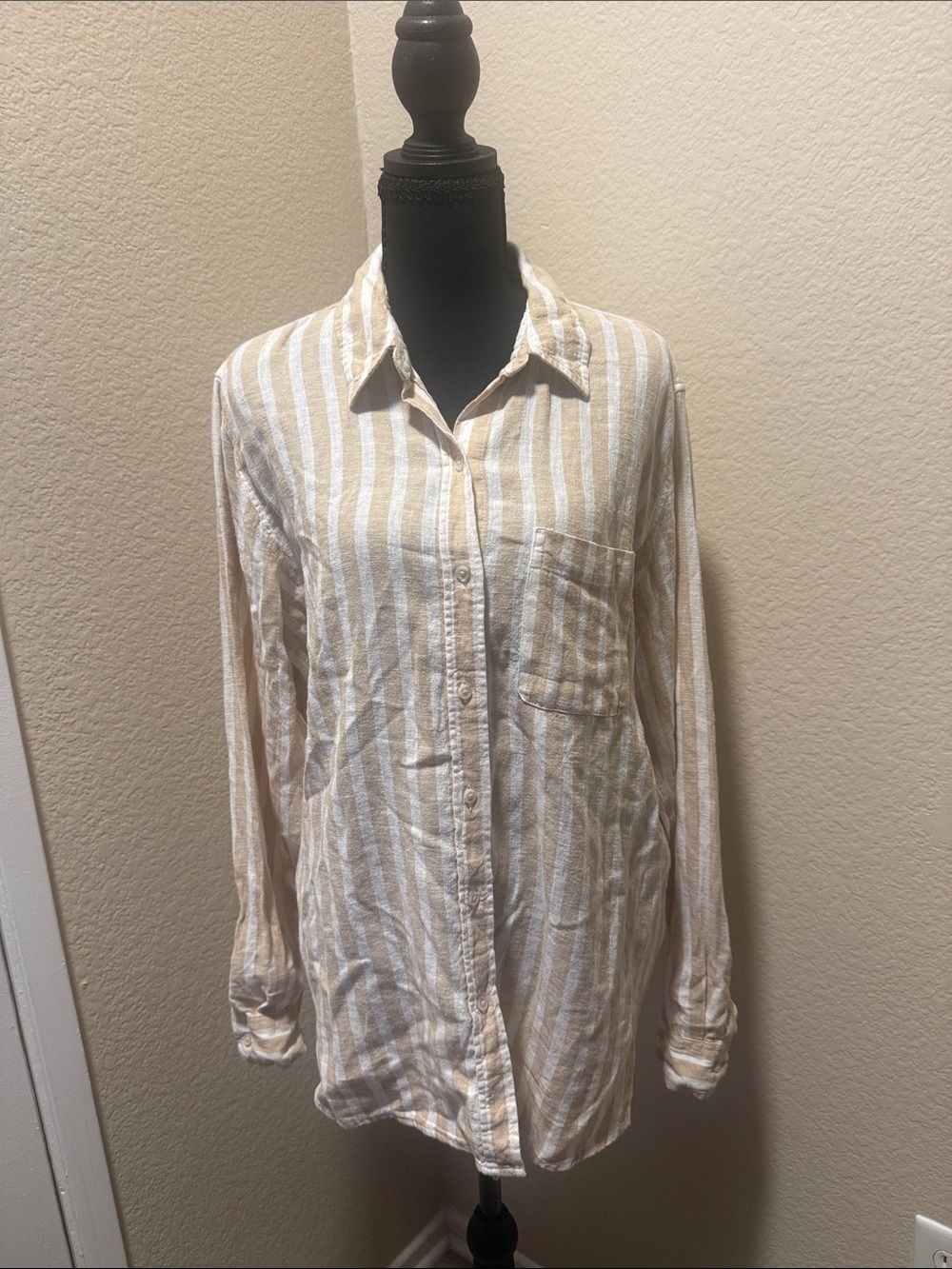 Women’s Beige and White Striped Button-Up Shirt